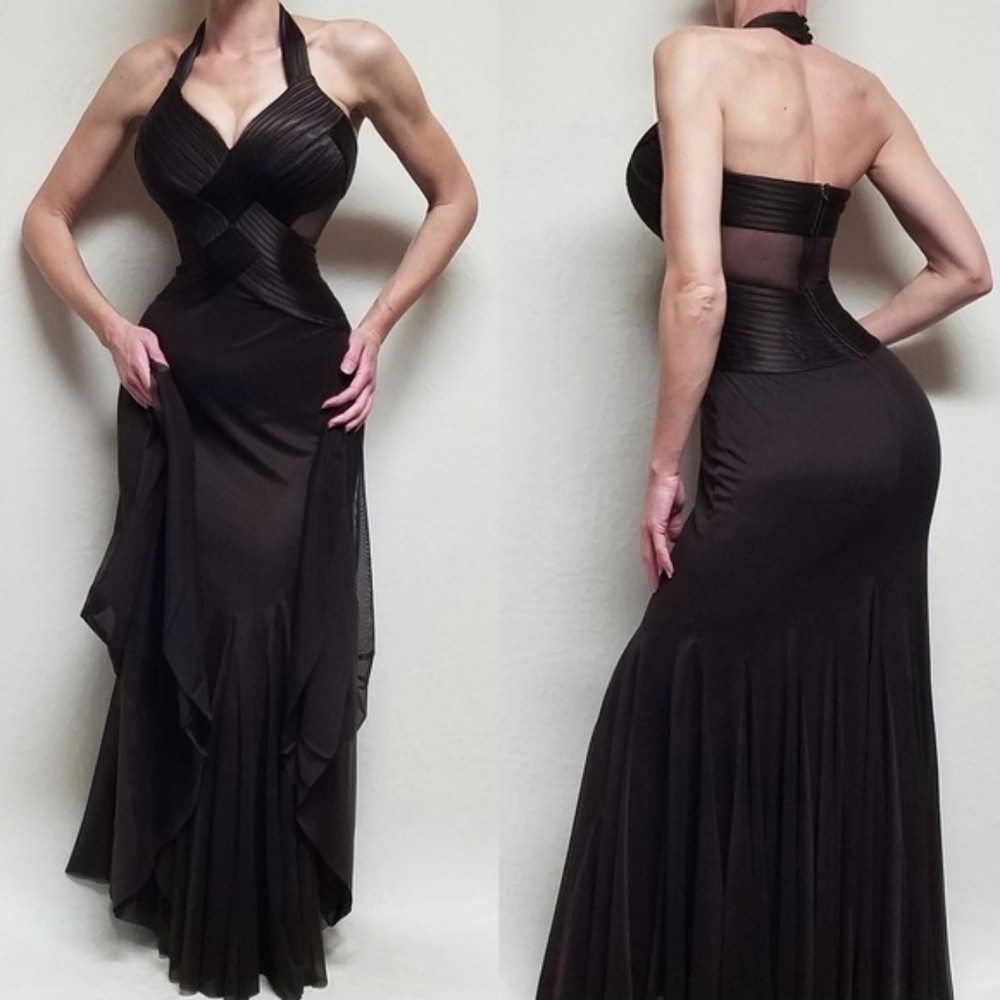 Vintage Cache Chocolate Brown Tulle Mesh Cut-out Racerback Maxi Bondage Dress 4